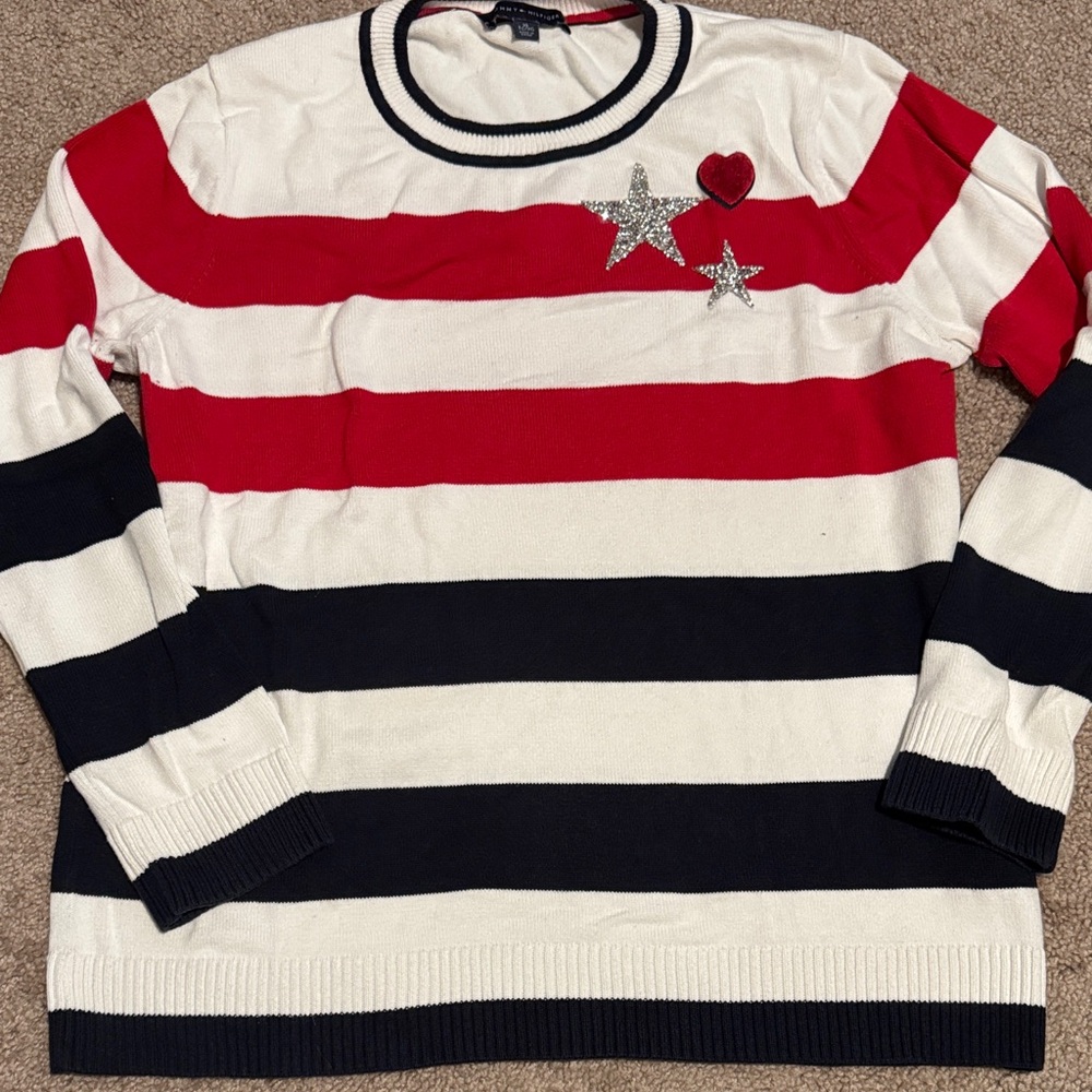 Tommy Hilfiger Red, White, and Black Striped Crewneck Sweater
